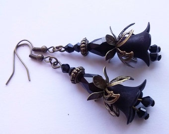 Bronze Flower Earrings Black Flower Earrings Bronze Black Ornate Crystal Lucite Flower Earrings Crystal Earrings