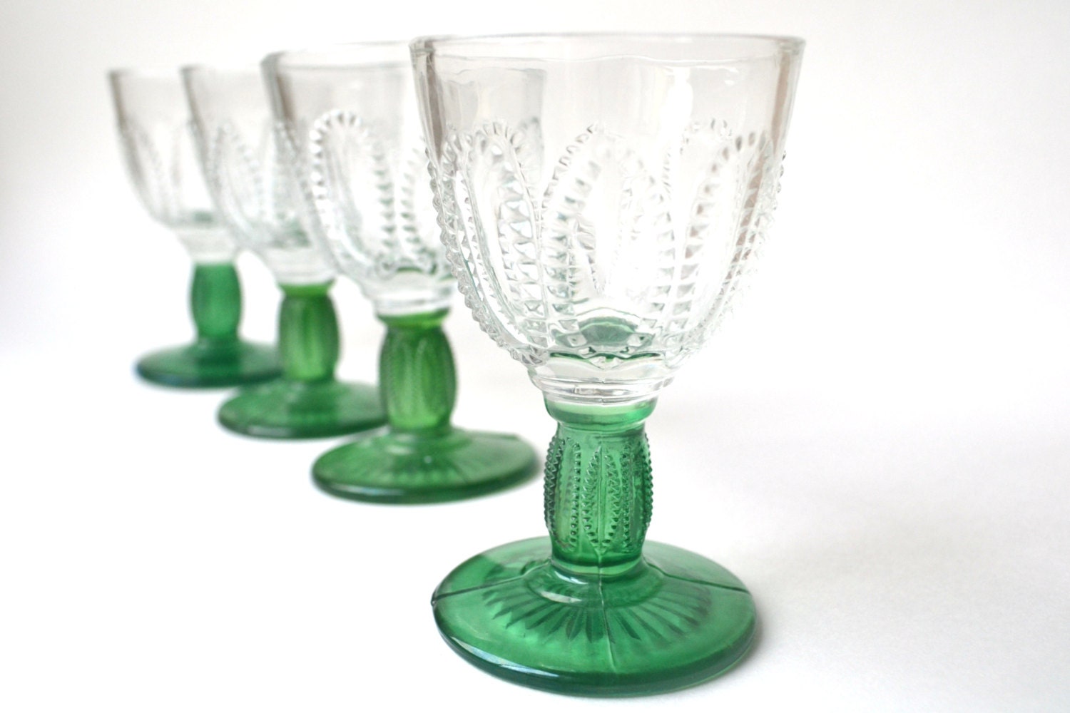 Vintage Emerald Green Stem Cordial Glasses Pressed Glass Avon