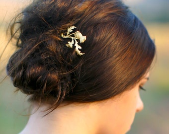 Gold Scottish Thistle Hair Pin Branch, Leaf & Flower Scotland Leaf Bobby Pin Gift For Her