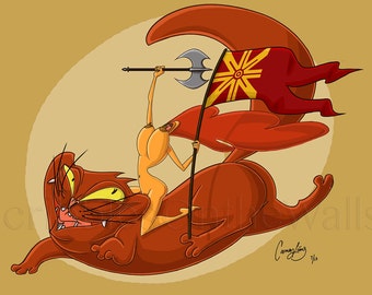 Art/ Illustration Print of Nude Big Breasted Amazon Warrior Woman Carrying a Battle Axe and Flag Riding a Giant Brown Cat