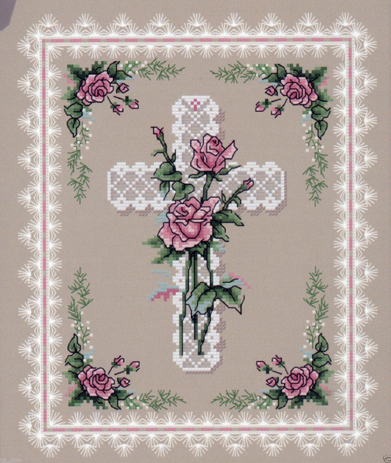 Roses and the Cross counted cross stitch pattern leaflet.