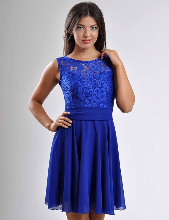 Cobalt Blue Wedding Dress Chiffon Dress with Bow Lace Dress