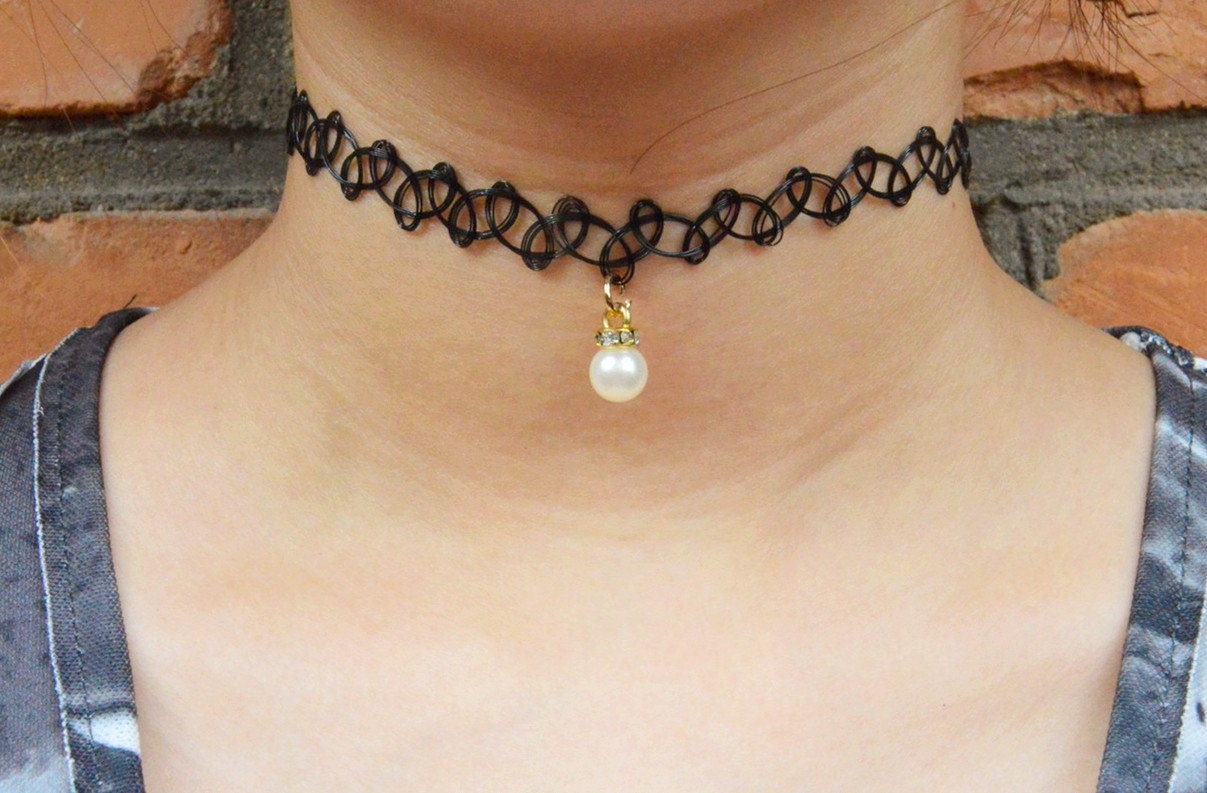 black tattoo choker pearl necklace by xiangquan852 on Etsy