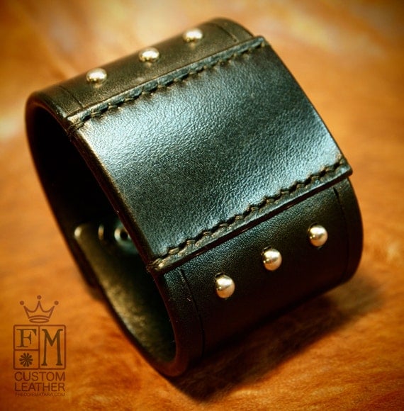 Black leather cuff 2 inch wide studded and Handstitched patch American bridle Bracelet made in NYC!