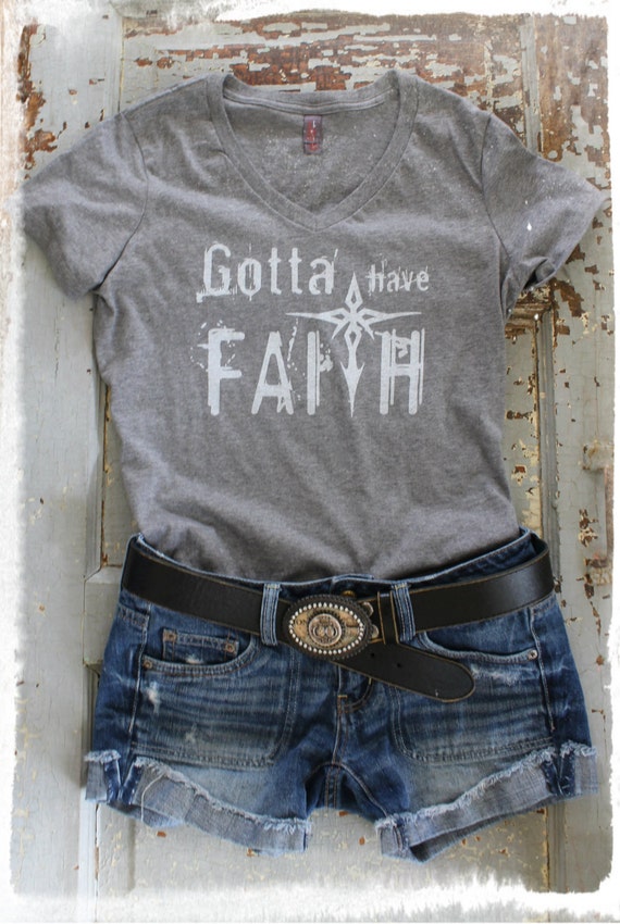 Download Gotta Have Faith Cross Gray Cotton V Neck T Shirt Tee