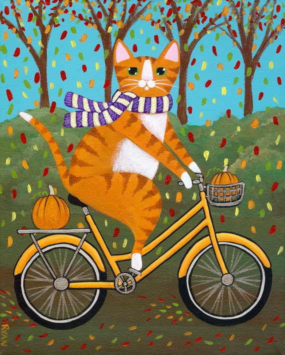 Autumn Fat Cat on a Bicycle Original Folk Art Painting