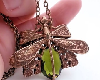 Dragonfly necklace, dragonfly jewelry, olive green necklace, dragonfly pendant necklace, Art Nouveau filigree jewelry, statement necklace
