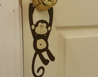 Monkey Door Knob vinyl decal hanger, Door Decals, Monkey Decal, Monkey Sticker, Kids Bedroom Door Decor, Door Sign, Jungle Decals, Monkey