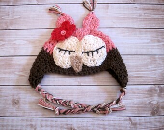 Sleepy Baby Girl Owl Hat, Newborn Halloween Costume, Crochet Owl Hat, Owl Halloween Hat, Baby Girl Animal Hat, Pink Newborn Girl Hat