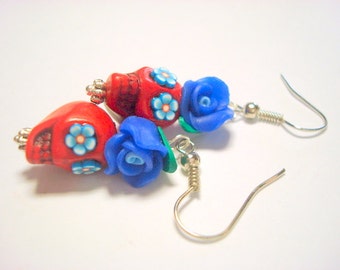 Sugar Skull Earrings Blue and Red Day of the Dead Roses and Sugar Skulls