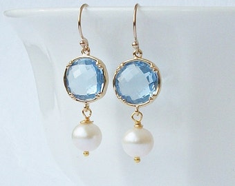 Aquamarine Blue Crystal and Pearl Earrings, Birthstone Earrings
