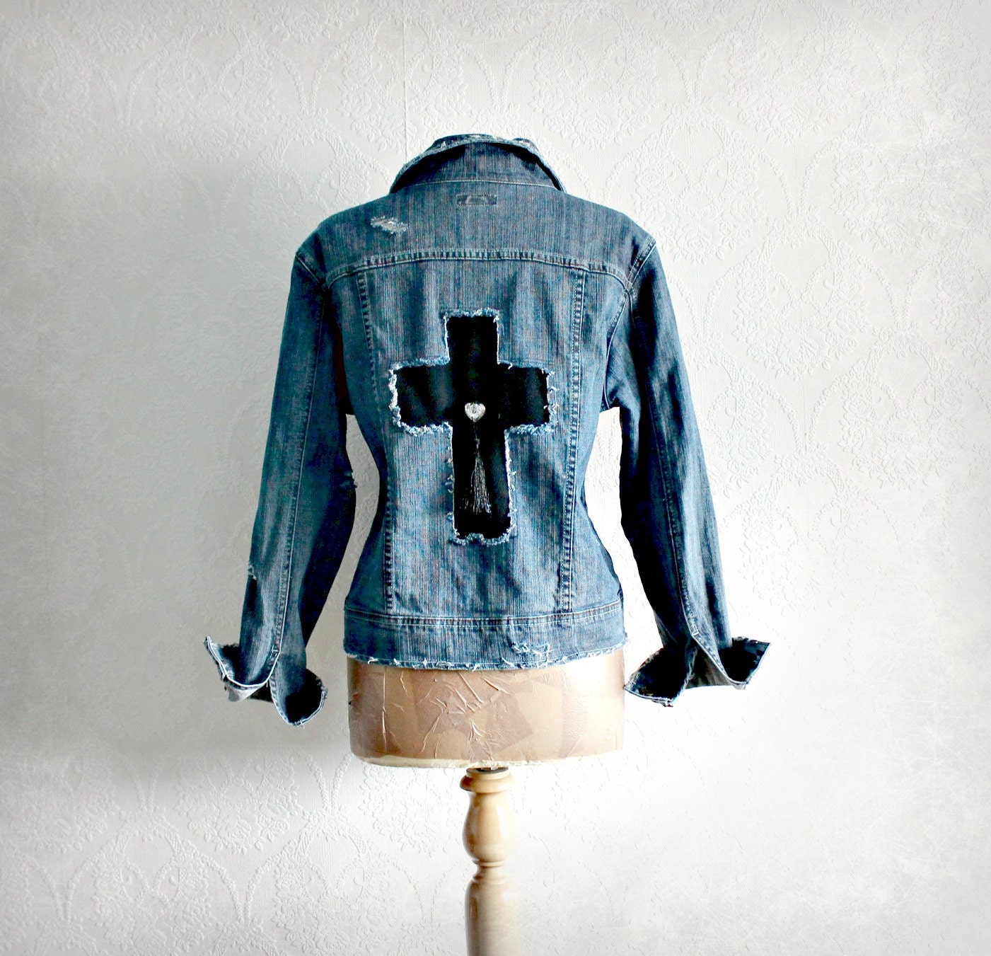 Punk Jean Jacket Goth Cross Safety Pins Upcycled Clothes 