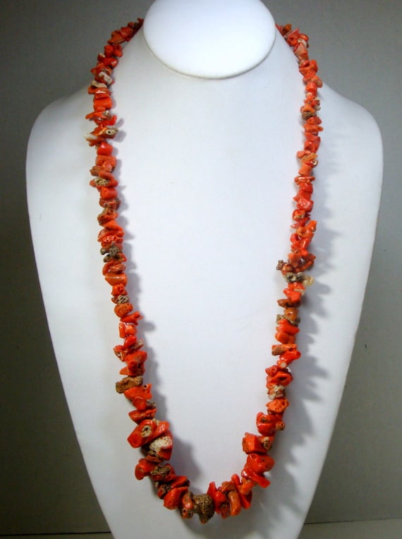 LES BERNARD Long RAW Red Coral Necklace Beautiful Vintage