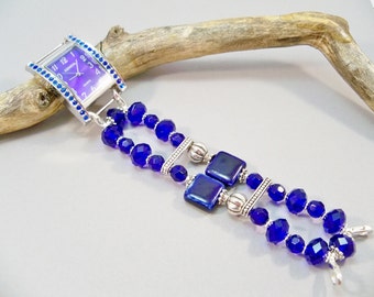 Blue Watch, Interchangeable Stretch Band and Watch, Beaded Watch Band, Stretch Band Watch, Watch Bracelet