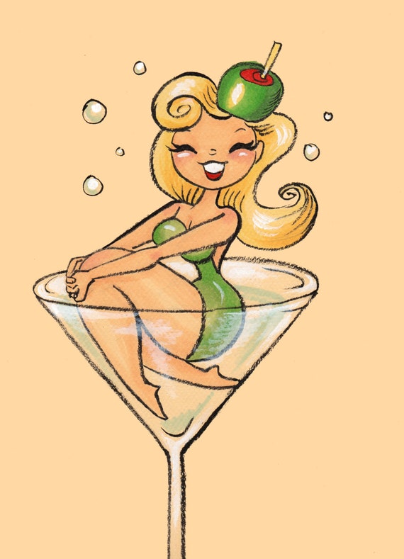 Martini Glass Pin Up Burlesque Girl Original Drawing