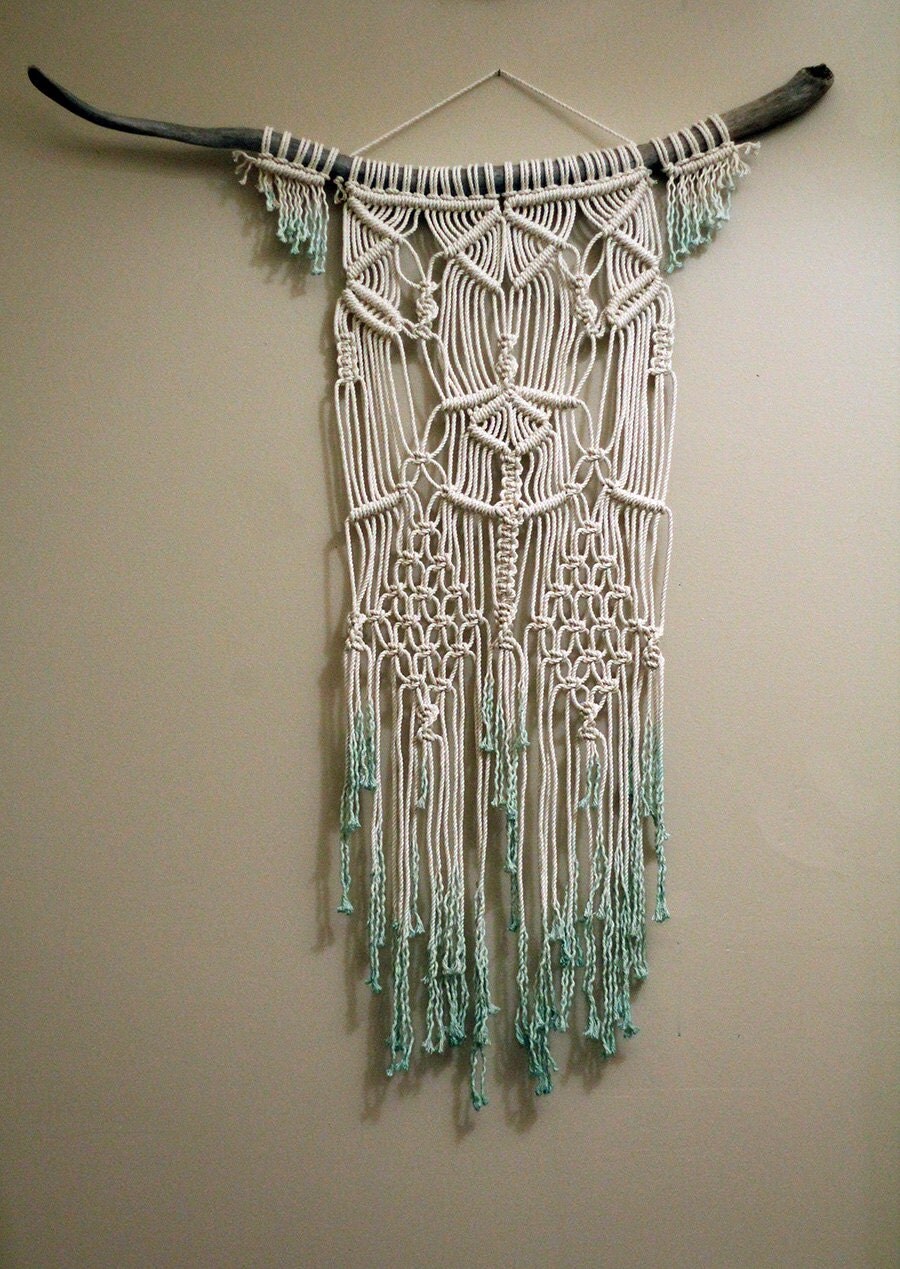 Dip Dyed Mint Macramé Wall Hanging on Drift Wood
