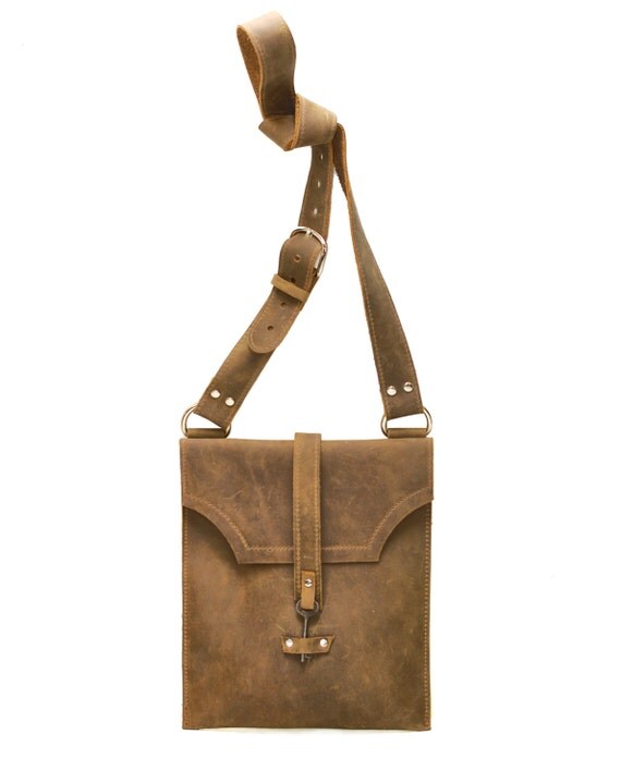 Distressed Brown Leather Messenger Bag Boho Bag with Antique