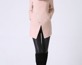 Pink Hooded Jacket - City Style Modern Wool Winter Coat with Asymmetrical Front Zipper  (1071)