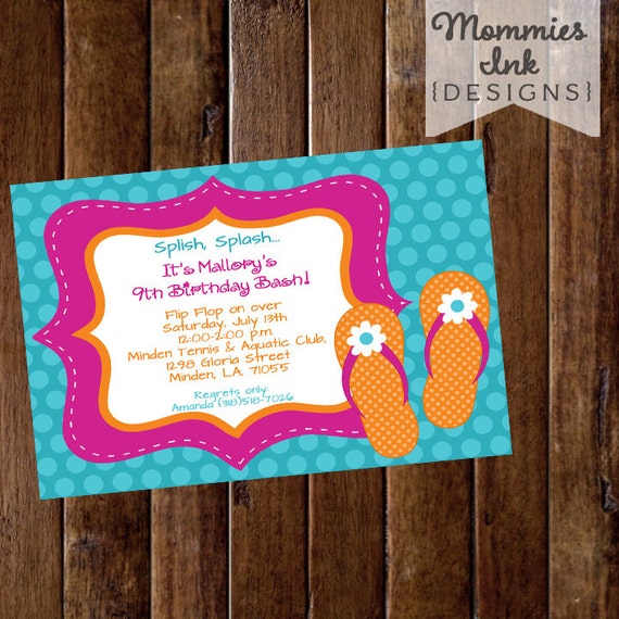Flip Flop Pool Party Birthday Invitation - Pool Party Invite - Flip Flops - Swimming Invite - PRINTABLE INVITATION DESIGN Il_570xn