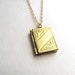 Small gold book locket necklace on 14k gold plate chain, etched engraved