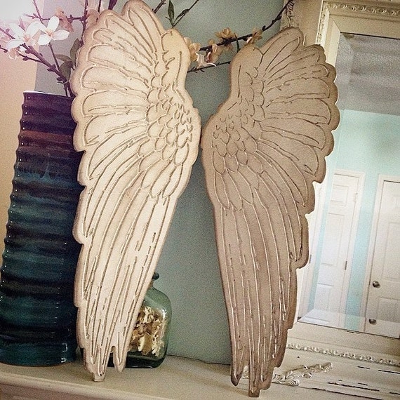 Wood Engraved Angel Wings Set Of Two Rustic Home Decor