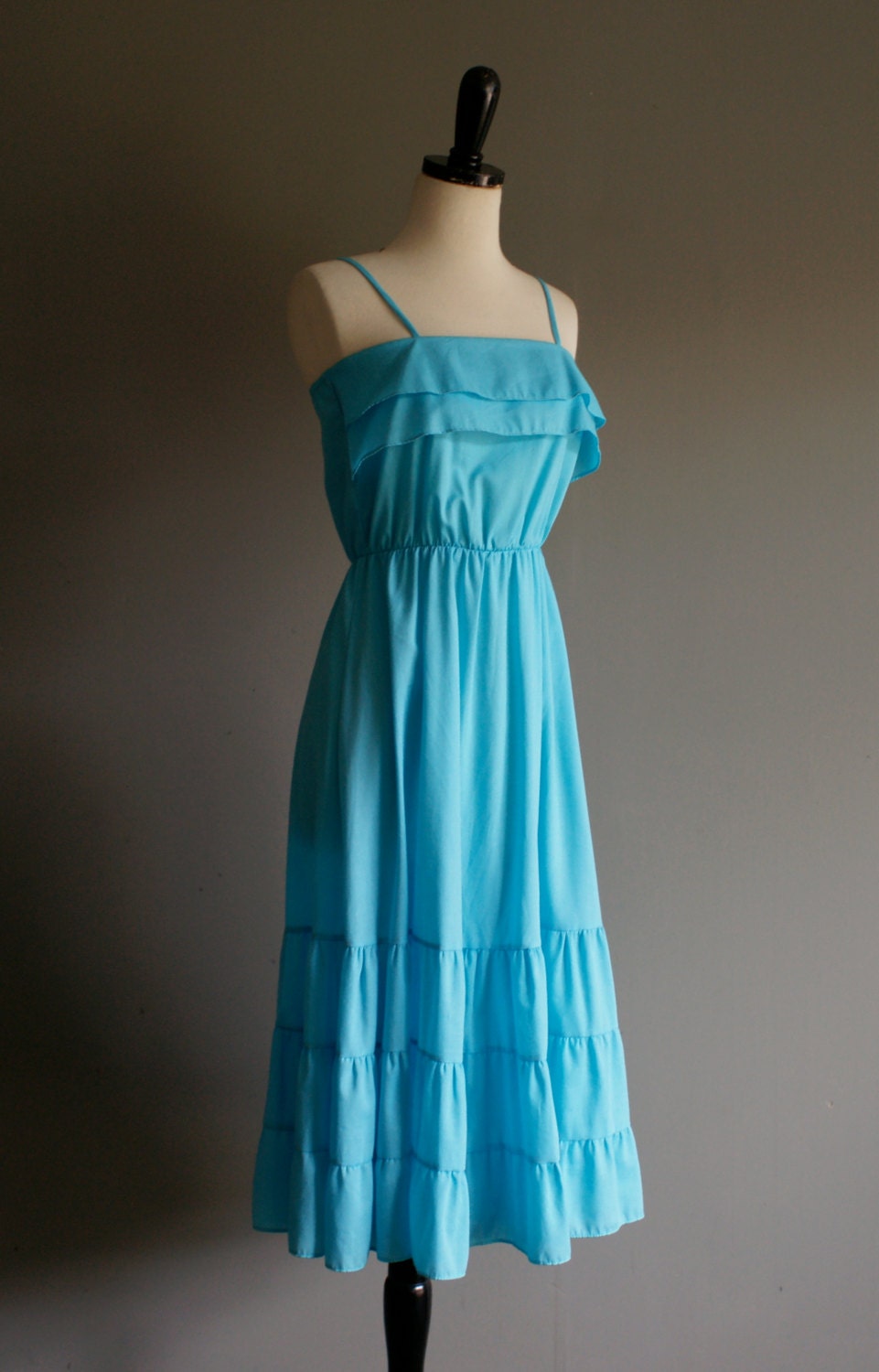Vintage 80s Ruffle TEAL Blue Summer SUN Midi Dress s-m