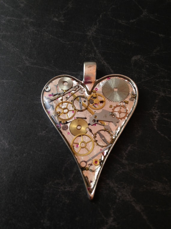Large Shiny Clockwork Clutter Heart Necklace by DreaminSteam steampunk buy now online