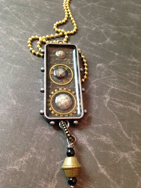 Studded Gunmetal Steampunk Necklace with Gears and Dangle by DreaminSteam steampunk buy now online