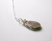 Wire Wrapped Watermelon Tourmaline Sterling Silver Necklace. Made in Maine. Oval Pink Green. Organic. Dainty Feminine