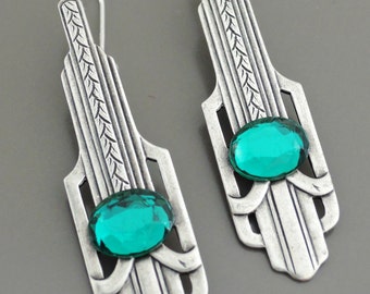 Art Deco Earrings - Silver Earrings - Emerald Earrings - May Birthstone Jewelry - Green Earrings - Vintage Earrings - handmade jewelry