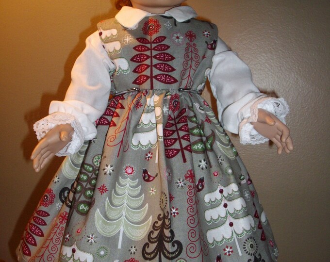 All Dressed for Christmas, dress and shirt for 18 inch Dolls, tree prints, white blouse doll dress, doll outfit