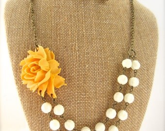 Yellow Statement Necklace Double Strand Beaded Flower Necklace Yellow Bridesmaid Jewelry Set Rustic Wedding Jewelry