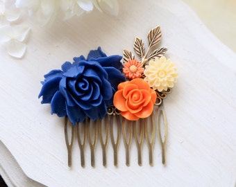 Orange and Cobalt Blue Wedding Hair Comb, Cobalt Blue Orange Ivory Wedding Bridal Hair Comb, Bridesmaid Hair Comb