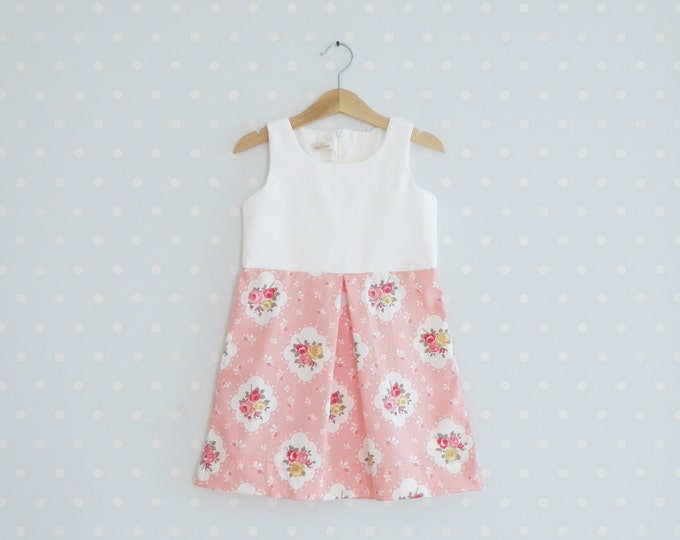 Shabby Chic Girls Dress, Toddler summer dress, Baby girl Pink and White Dress, Vintage Inspired Girls Dress