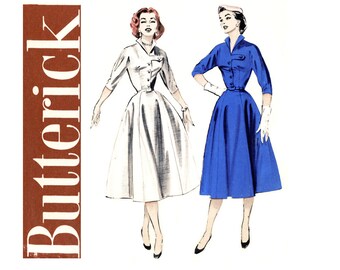 1950s Vintage Sewing Pattern Shirtwaist Dress Bust 34 UNCUT Butterick 6710 Full Skirt, Wing Collar, Tab Accent Day or Evening Dress