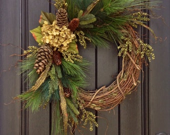 Christmas Wreath-Twig-Winter Wreath- Holiday Wreath- Grapevine Door Decor Floral Decoration Decoration Green Hydrangea Indoor Outdoor Decor
