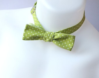 Green Bow tie, skinny style, apple green pindot, self tie bow tie, freestyle for men - mans bow tie ships worldwide from Bagzetoile