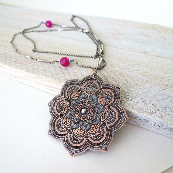 Mandala Lotus pendant necklace, large statement necklace, spiritual ...