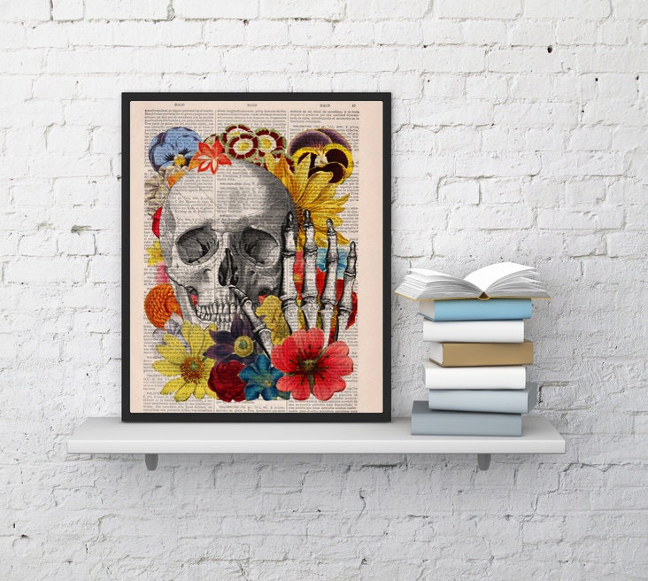 Skull with flowers collage art Wall decor Skull flower