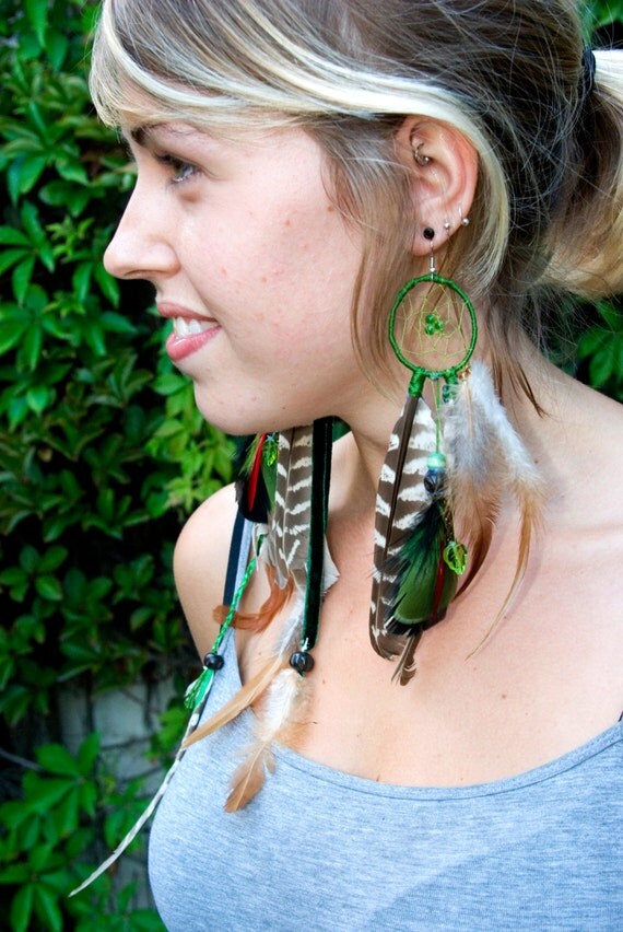 Feathery, folklore, festival fancies: dream catcher earrings in greens and browns