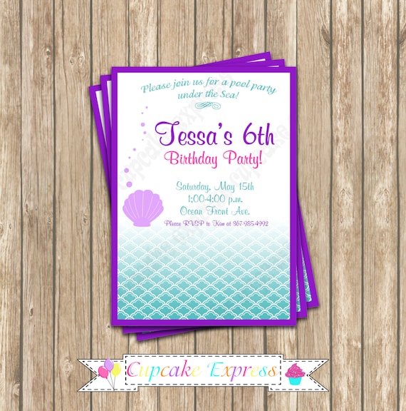 DIY  Ariel Inspired  little mermaid Birthday Party  PRINTABLE Invitation 5x7 4x6  purple teal under the sea