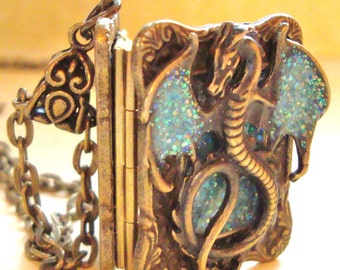 Not just a DRAGON, it's a Wicked Wings Wyvern Secret Message Fancy Tome LOCKET, book locket, all metal, you choose sparkly color