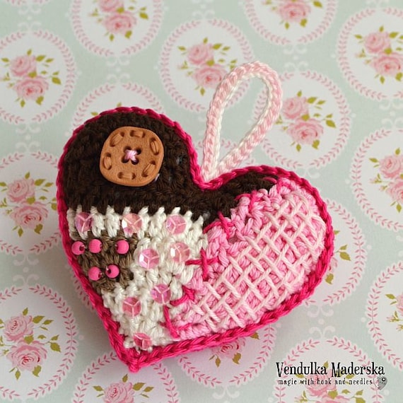 Crochet pattern - patchwork  heart ornament, DIY, pendant