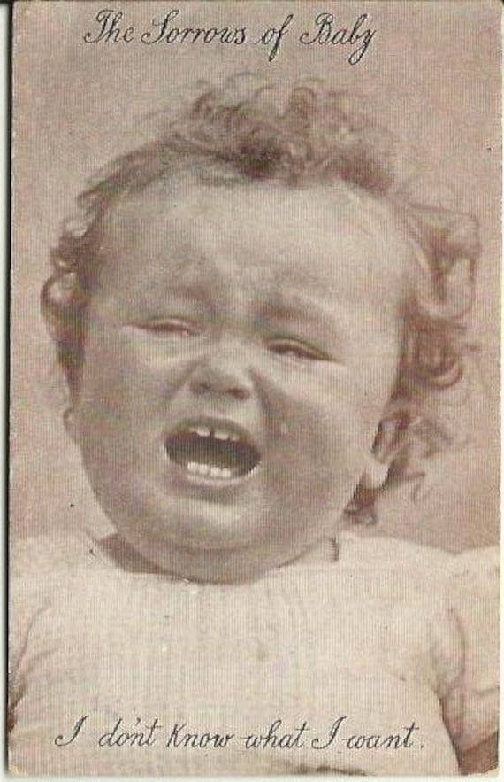 Antique Postcard Early 1900's "The Sorrows of Baby" Sepia or Sienna Tones Curly Locks Crying Baby