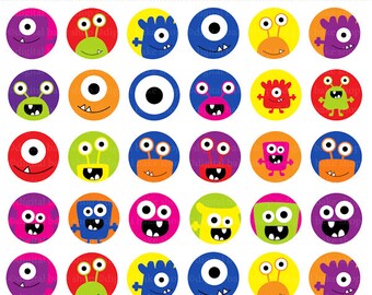 monsters 1 inch circles bottle cap images bottlecap collage sheet digital - Monsters 1 Inch Circles Bottle Cap Images Digital Collage Sheet