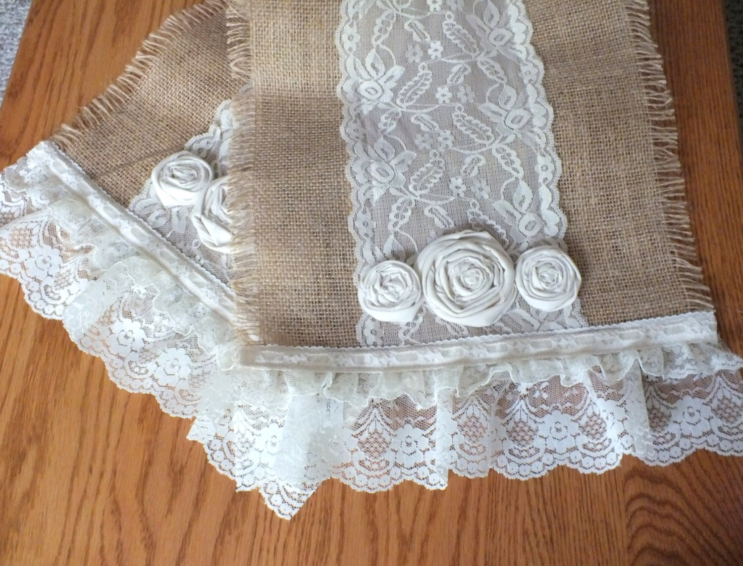 Burlap Table Runner Ruffled Lace 12x72 by SimplyChicTreasures