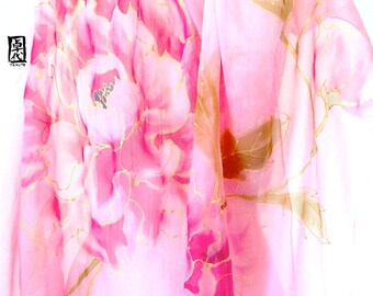 Hand Painted Silk Shawl Scarf Pink Peonies, Japanese Silk Chiffon Wrap, Pink Floral Scarf, Silk Scarves Takuyo, 20x88 inches. Made to order.