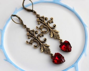 Siam Red Heart earrings, red earring, siam red earrings, art deco style earring, red heart earring, Valentine's earring - RH02