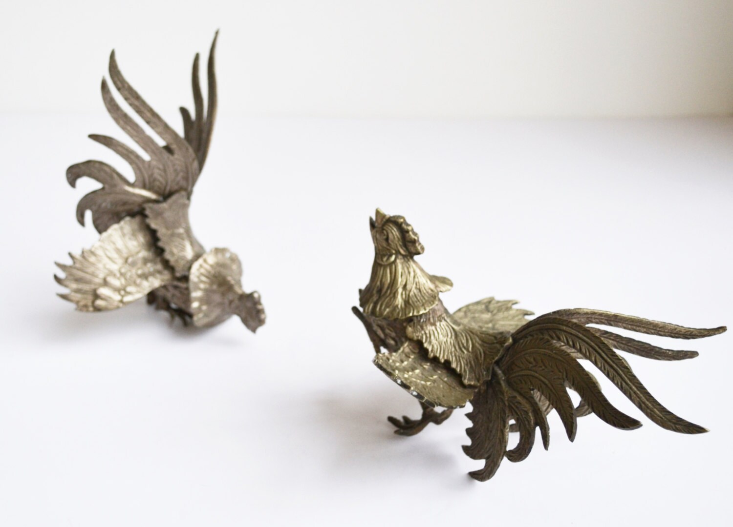 Vintage Silver Metal Roosters Silver Fighting Cocks Set of 2