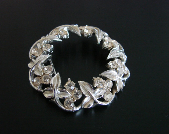 50s Floral Rhinestone Silver Tone Brooch / Wedding / Bridal / Mid Century / Vintage Jewelry /Jewellery